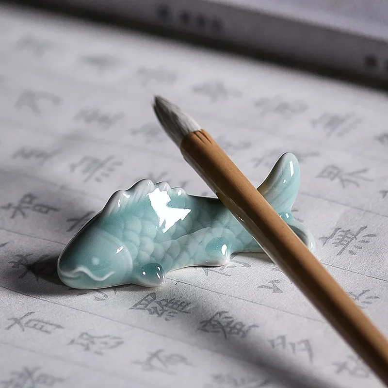 Celadon Koi Pen Holder Multi functional Small Pen Stand Creative Small Pen Stop Pen Mountain Student Desktop Exquisite Ornament - Image 2